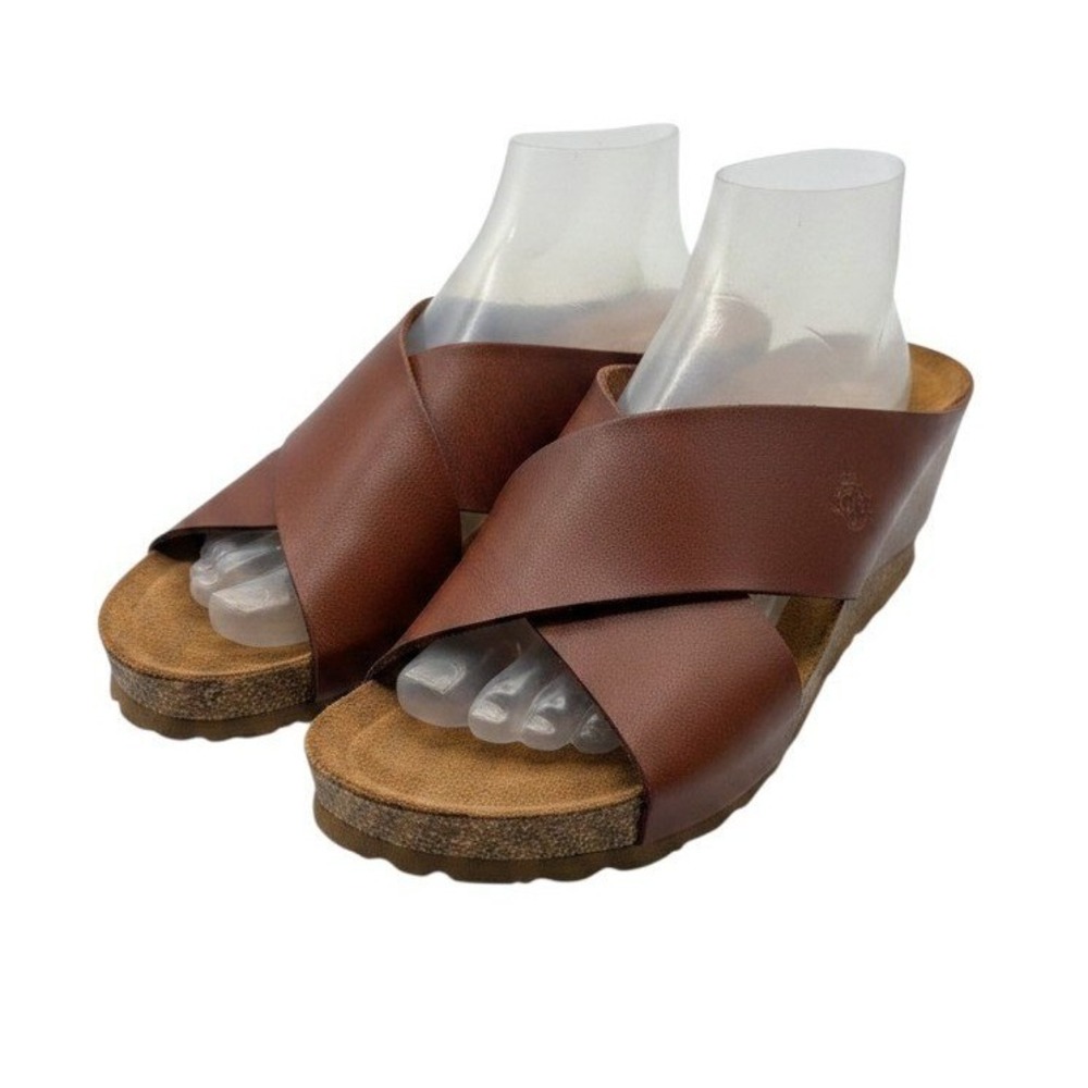 Yokono Wedge Sandals Brown Leather Criss Cross Made in Spain - 6.5